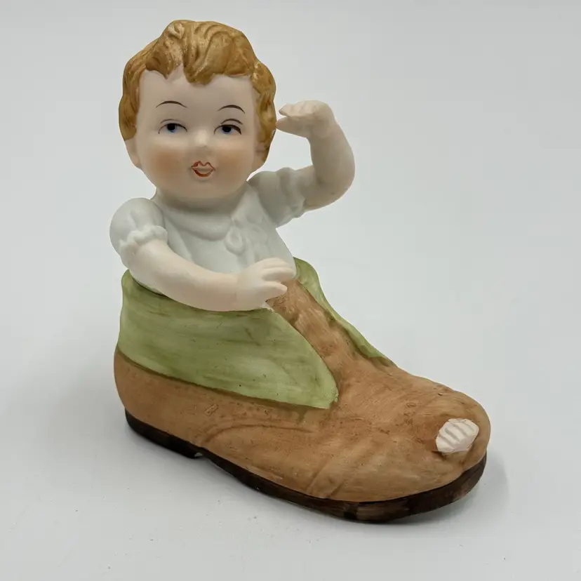 Lefton Vintage Bisque Porcelain Baby Boy In Shoe Boot Hand Painted Figurine