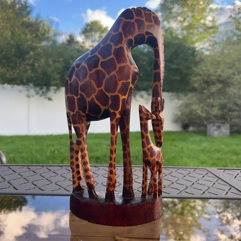 Hand Carved Wood Giraffe Mama And Baby