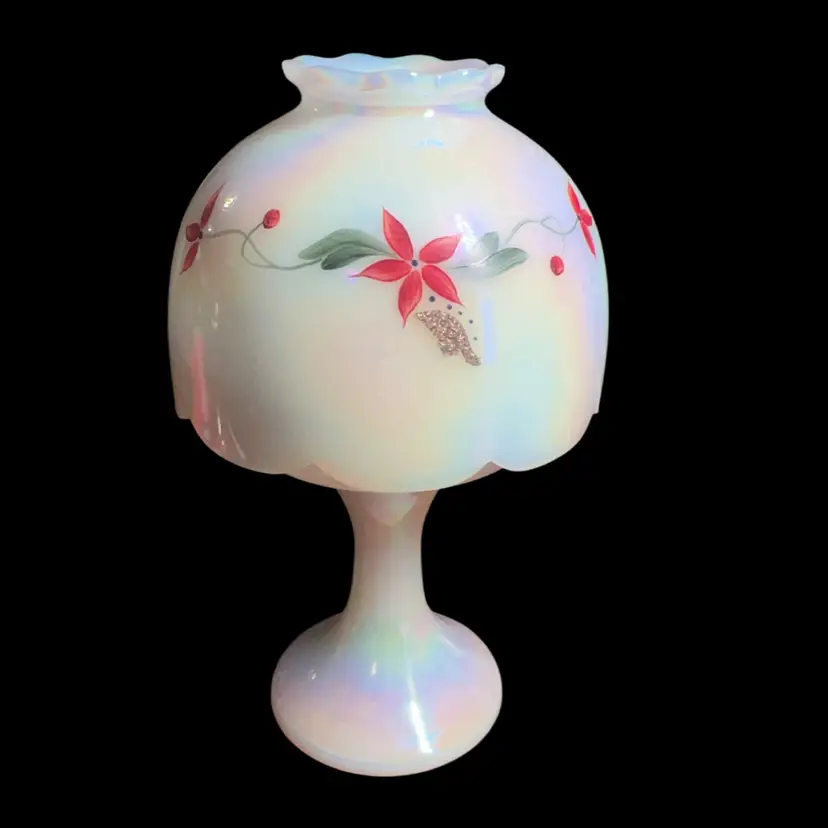 Vintage Fenton White Carnival Glass Fairy Light / Lamp Christmas Poinsettias Hand Painted Signed