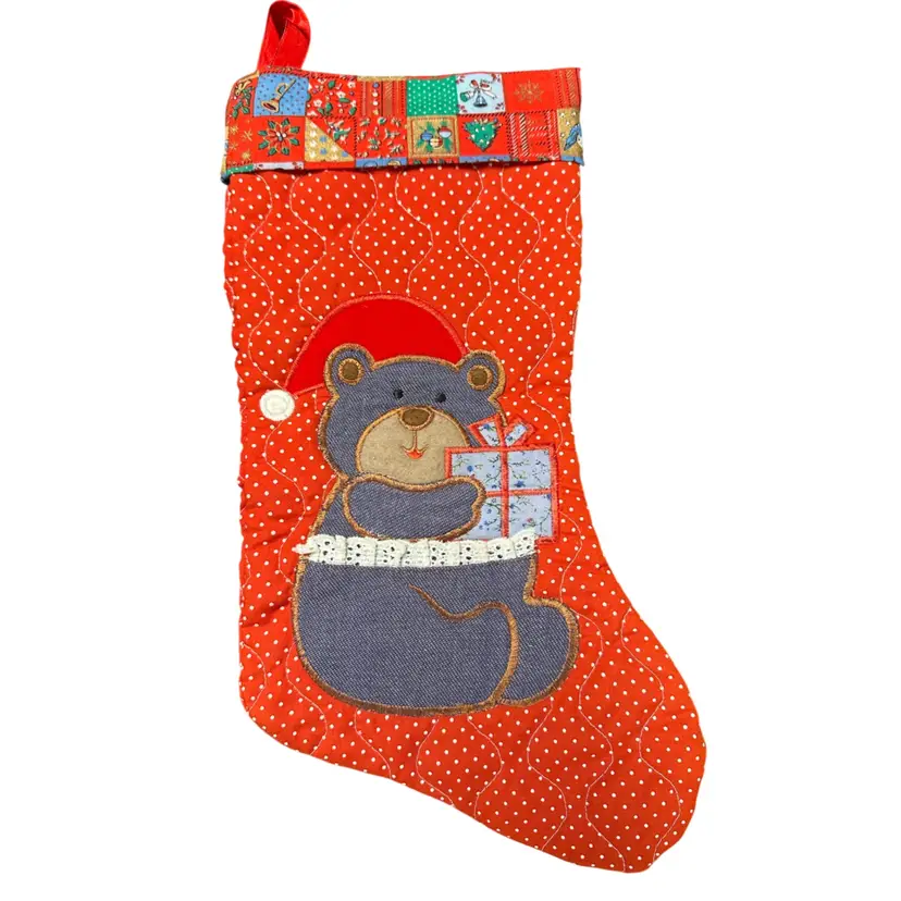 Homemade Stitched Teddy Bear Santa Stocking 14.5”