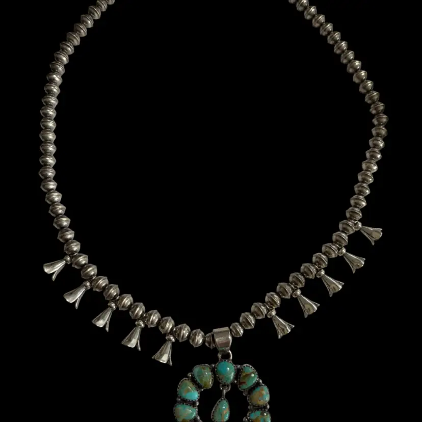 Petit Squash Blossom All Sterling Silver With Turquoise.  Signed HADA 21”  46.50 Grams