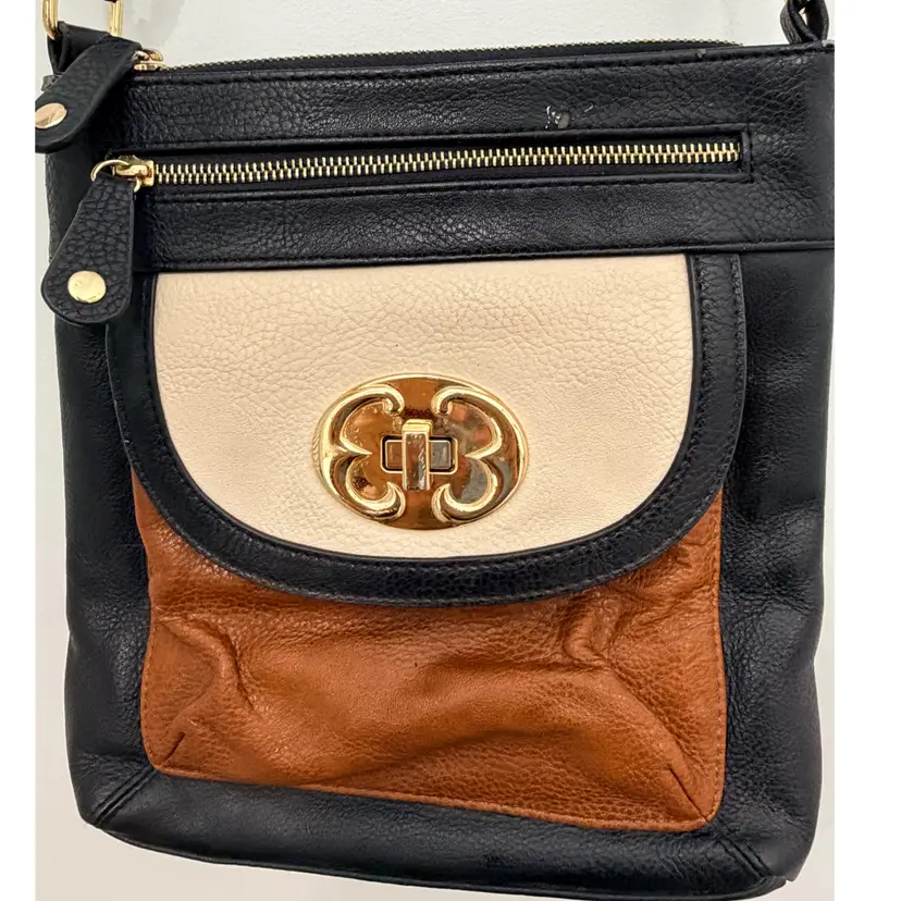Emma Fox Colorblock Leather Crossbody Bag Black, Cream, Brown Leather- Gold Turn-Lock-