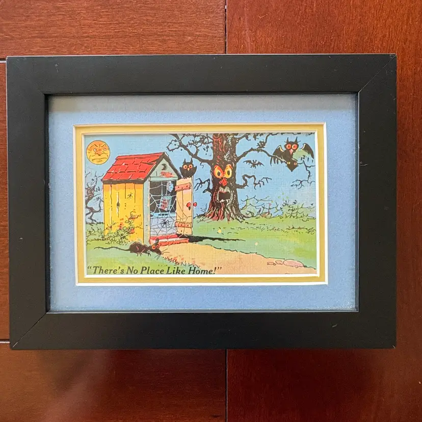 Framed Vintage 1940s Outhouse Comic Art Print/Postcard,  likely published by the E.C. Kropp Co. in 1941.