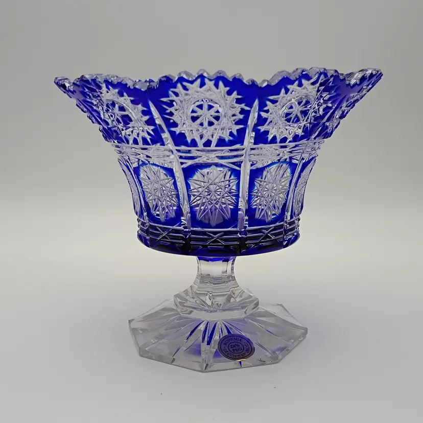Bohemian Czech Brilliant Cut Glass Compote ~ Cut to Clear Cobalt 24% BPO w/Label