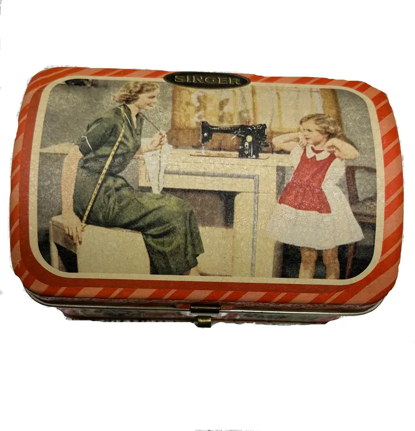 Vintage Singer Sewing Machine Tin Box, Domed Metal Advertising Storage Case, Retro Craft Organizer, Collectible Storage