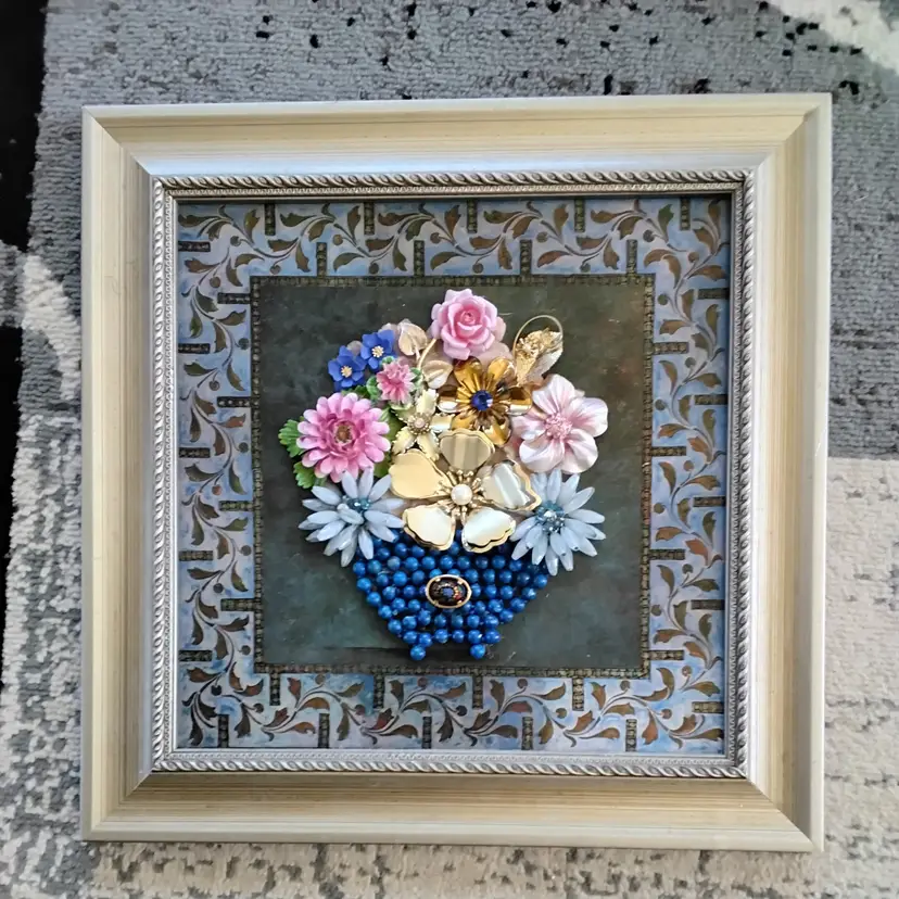Blue Vase with Flowers Vintage Jewelry Art