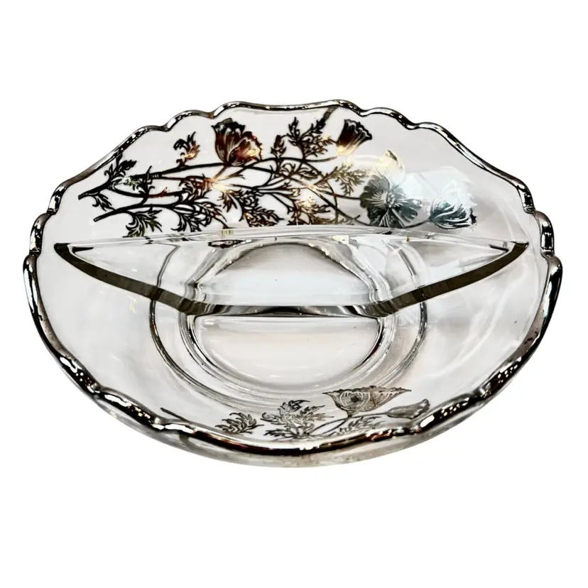 #199- Vintage Condiment Candy Dish 
Silver Overlay “Flanders Poppies Pattern”
By Cambridge Glass 1940s