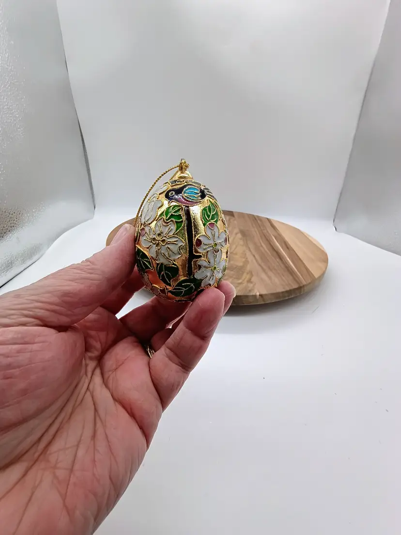 Cloisonné Christmas Ornament Egg Shaped Black Bird in Cherry Lotus Blossom Design.