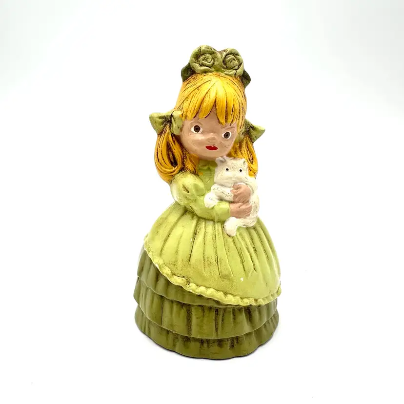 Girl With Cat Ceramic Figurine Green Dress