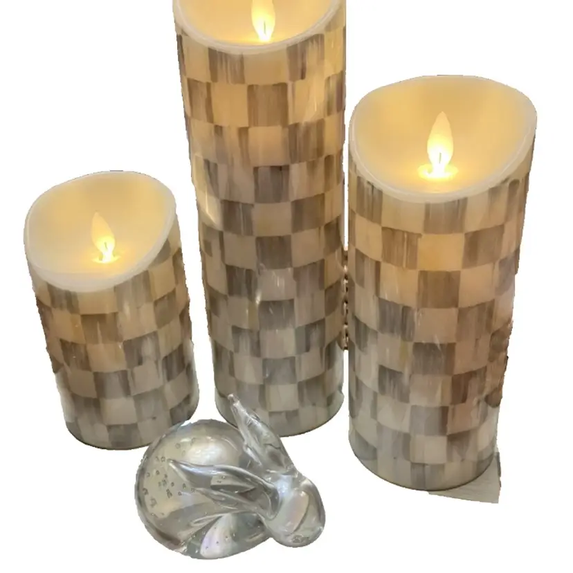 Authentic MacKenzie-Childs Pillar Flicker Candles Sterling Check Gray Set Of 3 In Box