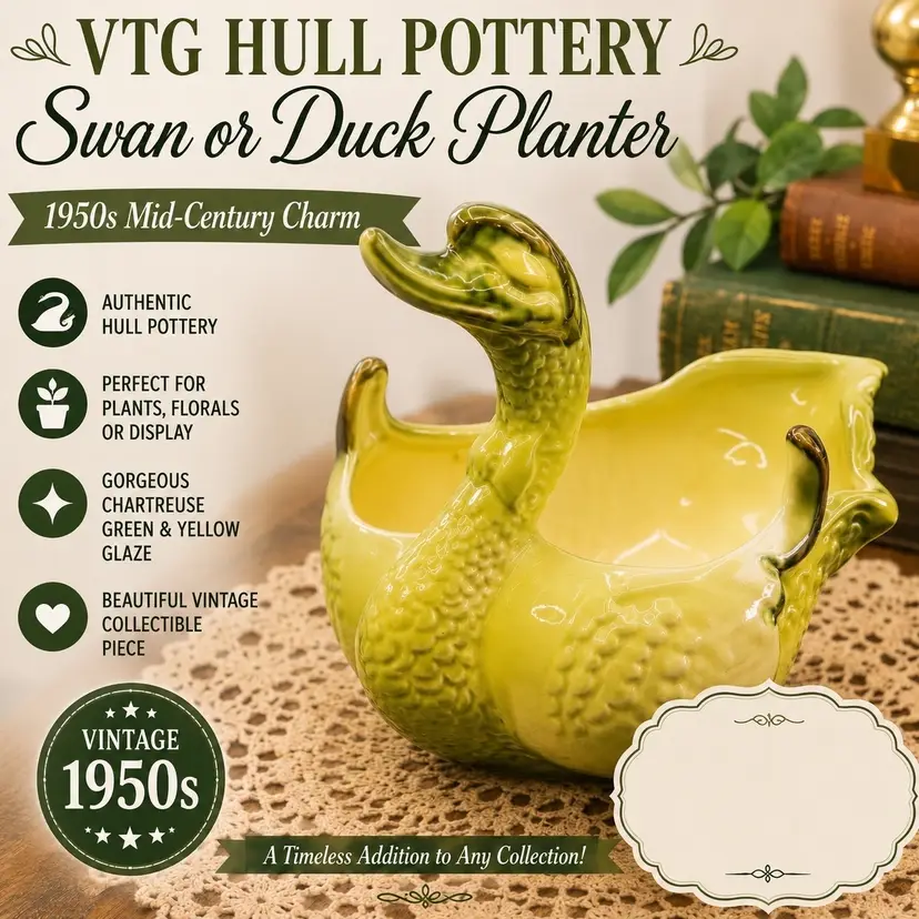 ONLY $17.47 VTG Hull Pottery swan or duck planter, likely from the 1950s.It features a distinctive chartreuse green and yellow glaze