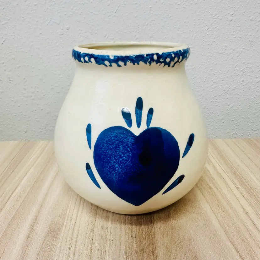 Charming NC World Country Style Blue Heart Stoneware Crock / Decorative Jar