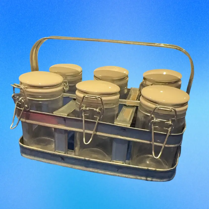 Set Of 6 Spice/ Herb Jars With Metal Basket