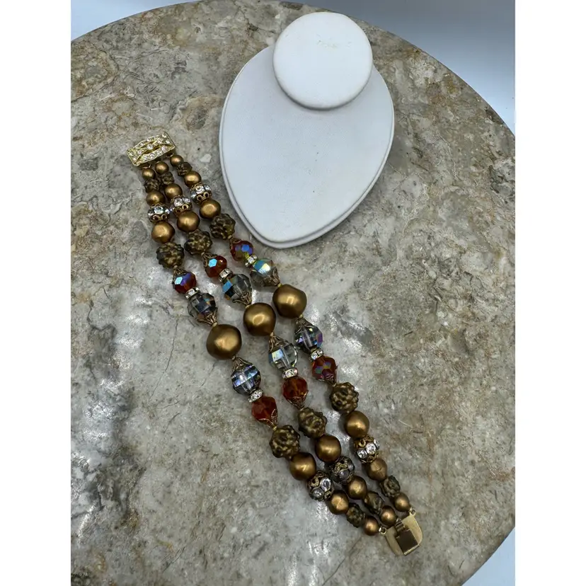 Vintage 1950s 3-Strand Aurora Borealis Crystal Bracelet, Satin Gold Beads, Rhinestone Slide Clasp, Mid-Century Costume Jewelry