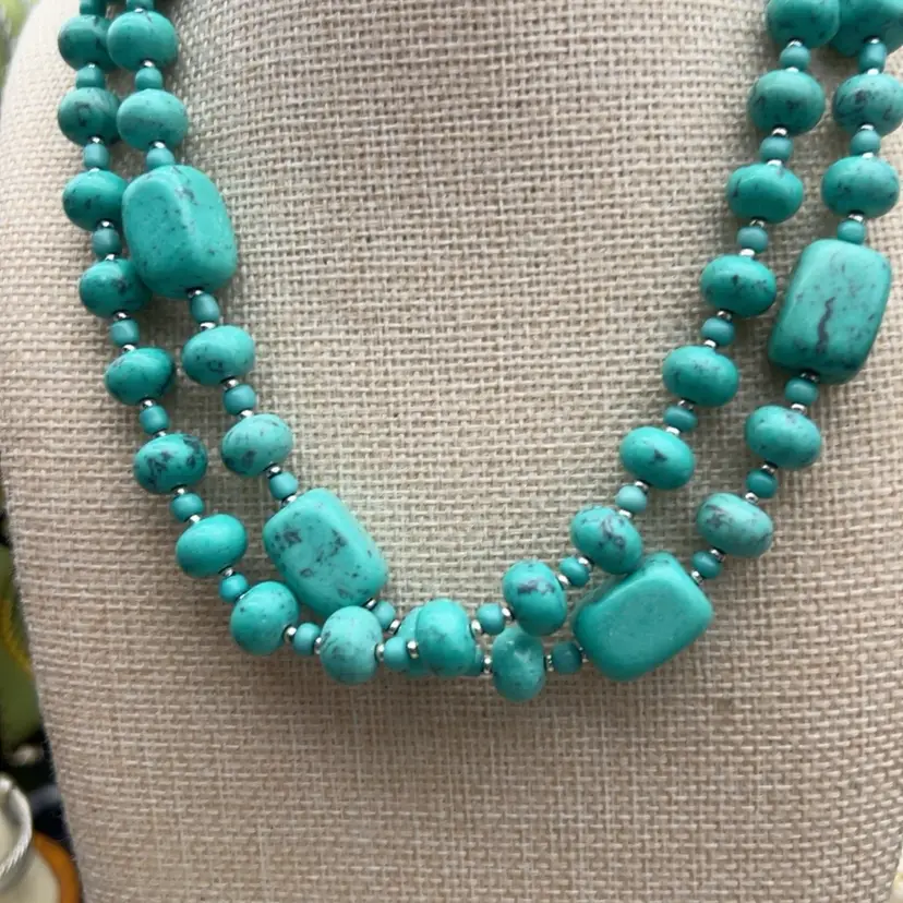 #01 Vintage Premier Designs Turquoise Look Double Strand Statement Necklace 16–20”