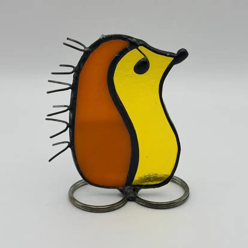 Handmade, Stained Glass, Hedgehog Figurine, Bright Orange and Glowy Yellow, 3.75” tall