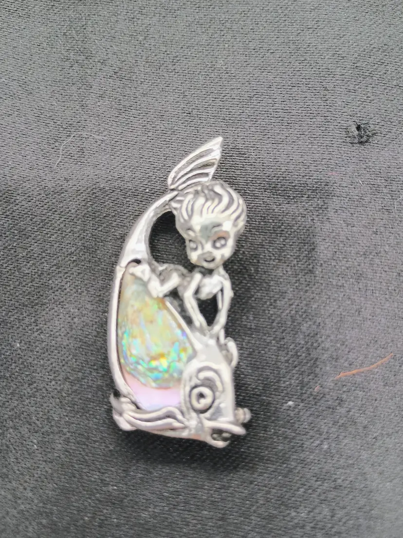 Vintage  Figural Cyvra Pixie Boy on Fish Sterling Silver & Abalone Brooch Pin
