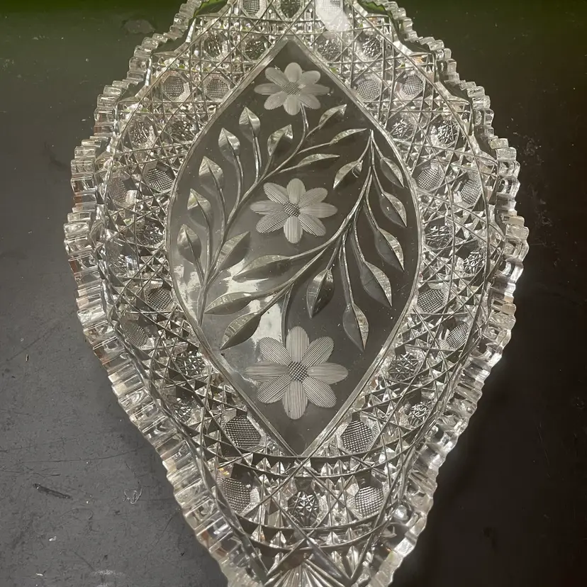 1890 Ornate American Brilliant Cut Glass Etched Floral 14” Long Marquis Serving Platter