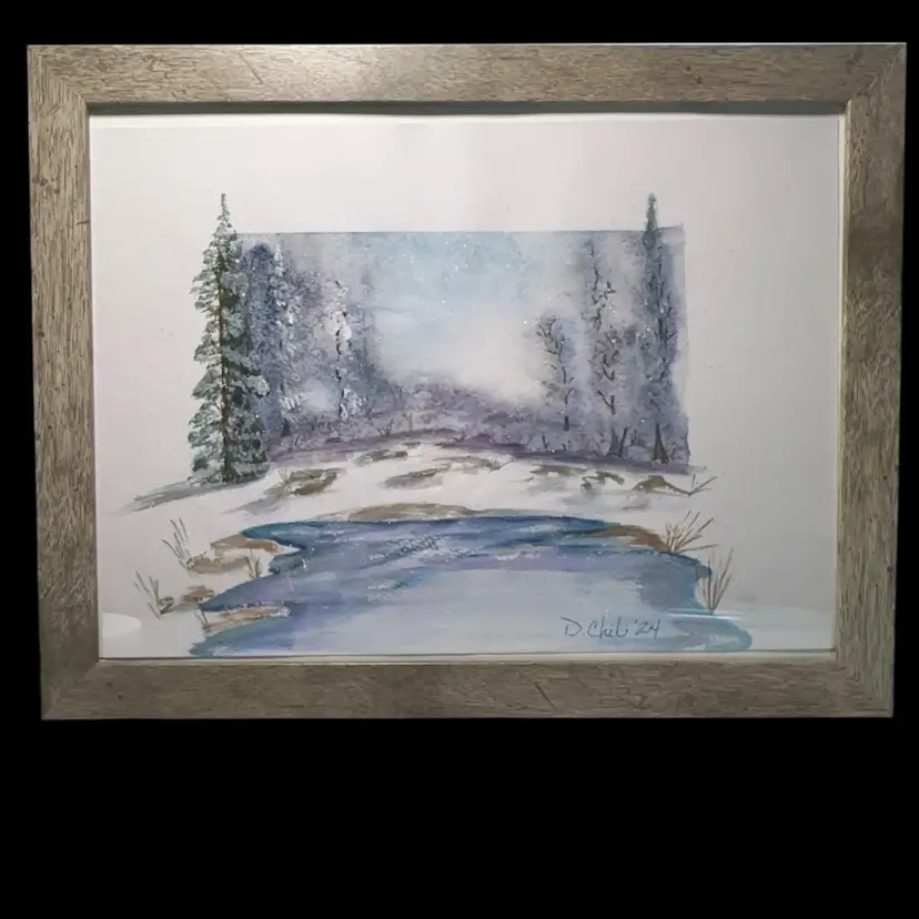 “Snow At The Pond” Watercolor Original Framed 10 1/2” X 13” Winter Woodland