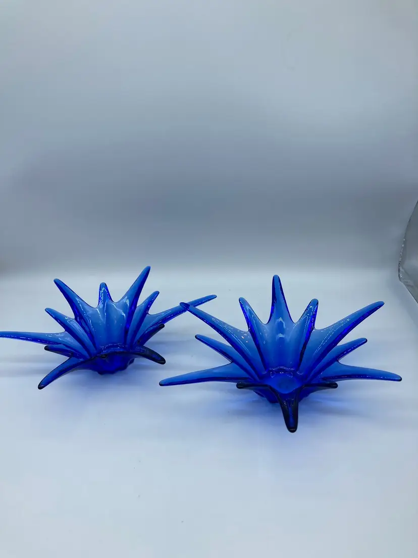 2 Gorgeous Brand, Taiwan, Blue Art Glass Starburst Bowl /Tea light Decor 8.5"