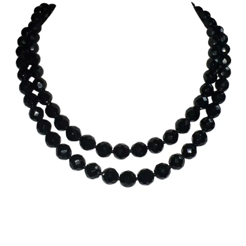 Vintage Black Glass Beaded Necklace 40”