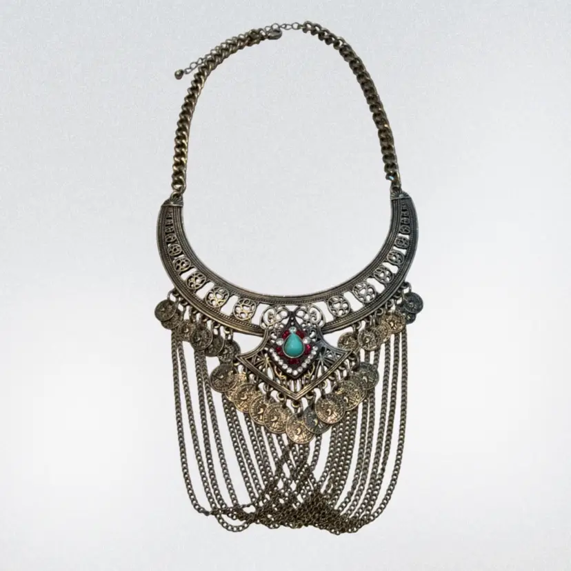 Y2K Boho Antiqued GoldTone Coin & Chain Dangle Drop Necklace