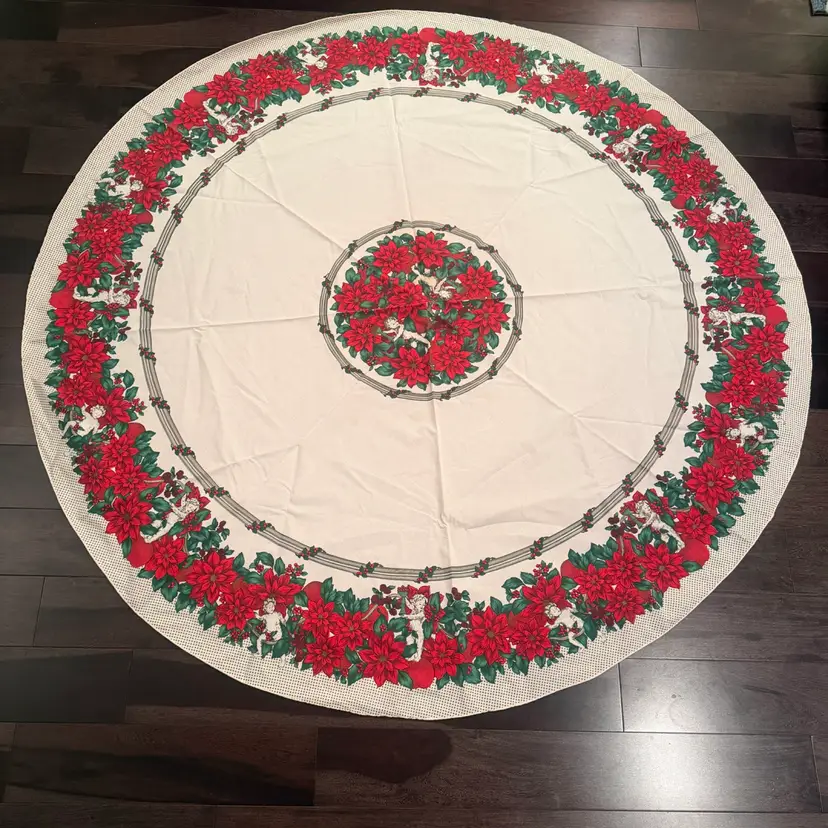 Vintage Round Poinsettia & Cherub Linen Tablecloth Christmas 68”