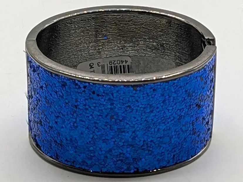 Chunky Blue Glitter Gun Metal Tone Bangle Clamper Bracelet