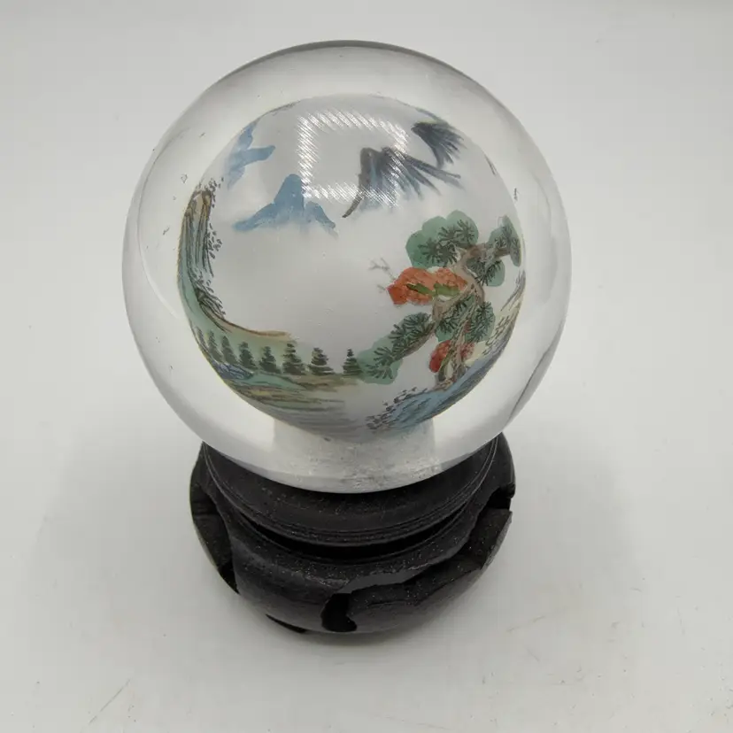 Reverse Painted With Wood Base Chinese Paperweight AS IS