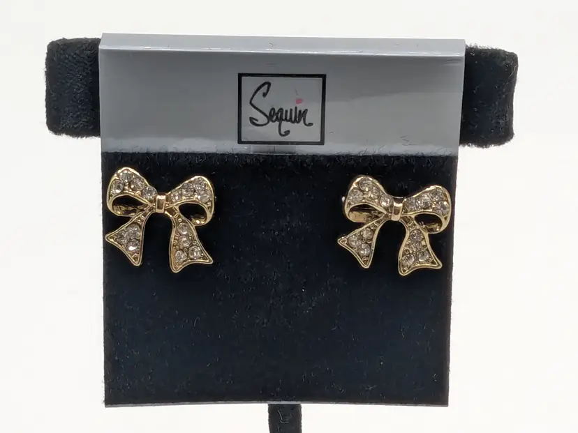 Sequin Gold Tone Bow Pierced Earrings with Rhinestones NWT