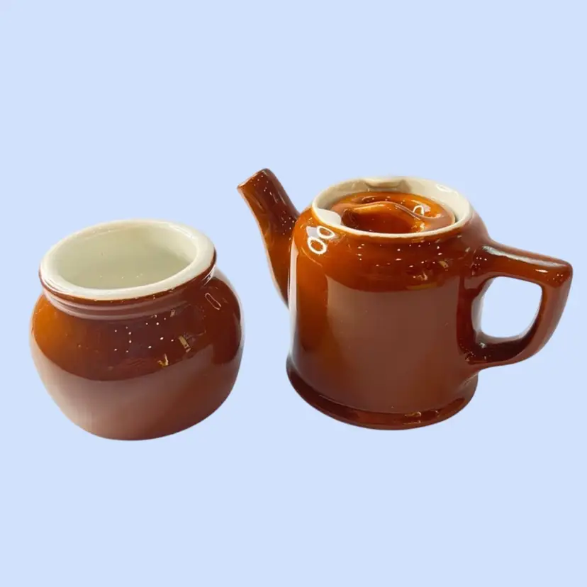 #175- Vintage Cream & Sugar Set Boston Brown Glaze By Hall Pottery USA Restaurant Ware Coffee Tea