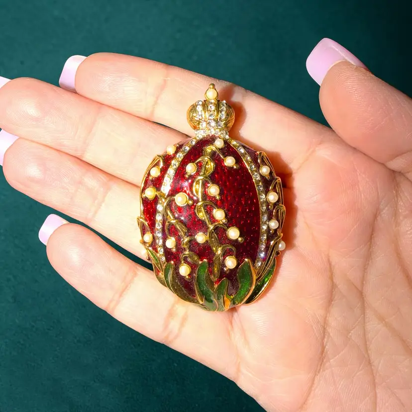 Vintage MMA Faberge Egg Brooch Pendant, Red Enamel Lily of the Valley Brooch, Faux Pearl Rhinestone Egg Pin, Metropolitan Museum of Art Jewelry