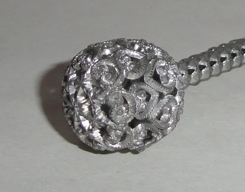 Antique Hatpin ~ Intricate Sphere ~ Hearts  Scrolls & Starfish Top ~ Silver Tone