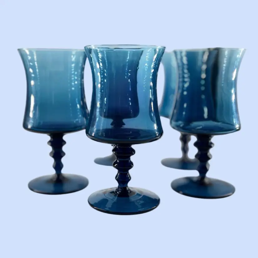 #041- 5pc Water Wine Goblet Glass Set Colony Richmond Blue Italy MCM 1960s