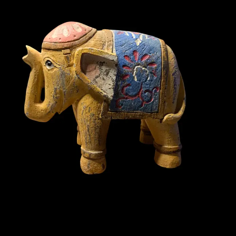 02. Vintage Hand Painted Wooden Elephant Figurine, Indian Folk Art