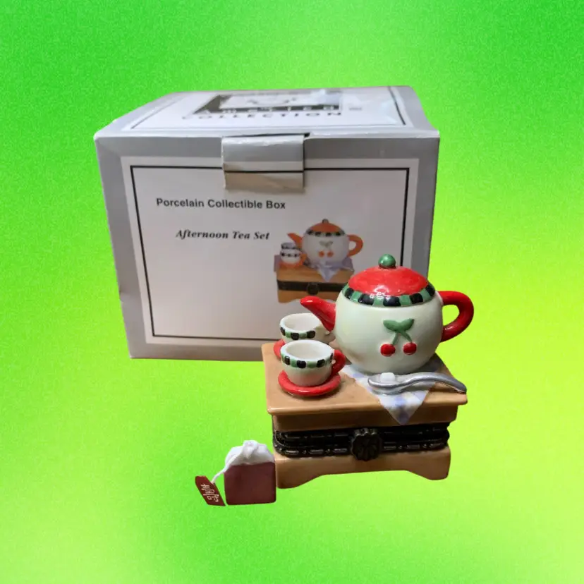 03a. COOKING CLUB OF AMERICA "Afternoon Tea Set" Teapot & Tea Bag HINGED TRINKET BOX