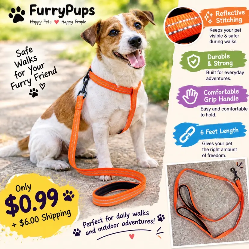 Reflective Orange Dog Leash 6ft