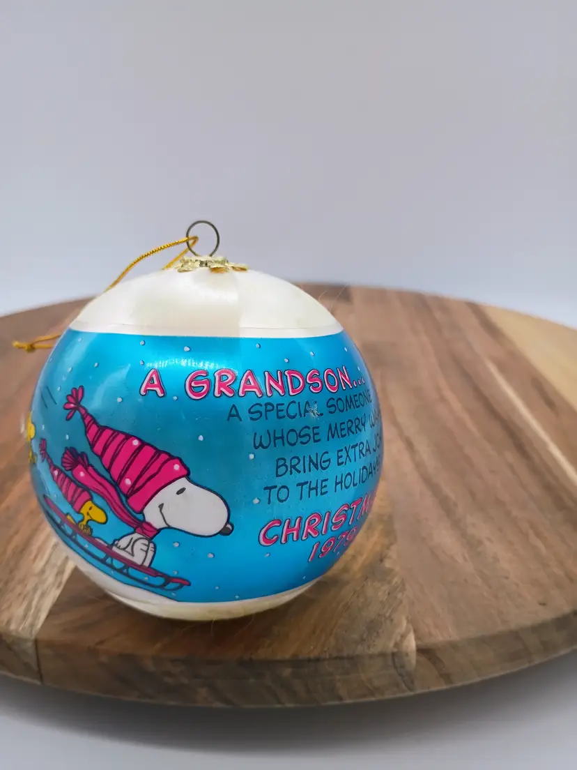 Vintage Snoopy Peanuts Satin Ball Ornament Grandson 1979 Woodstock 4 inch