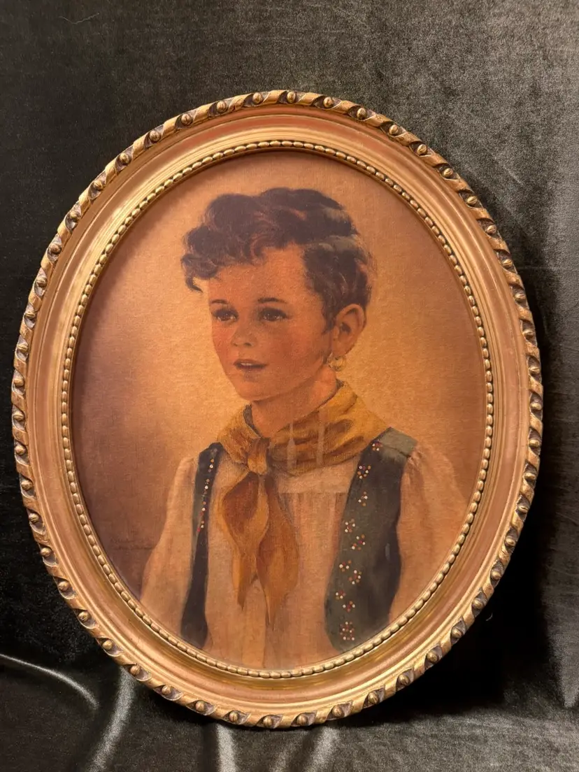 Vintage art print titled "Chiko" (or "Chico") depicting a young boy, created by mid-20th-century artist Anne Allaben. Framed in a Beautiful Gold Wooden Frame