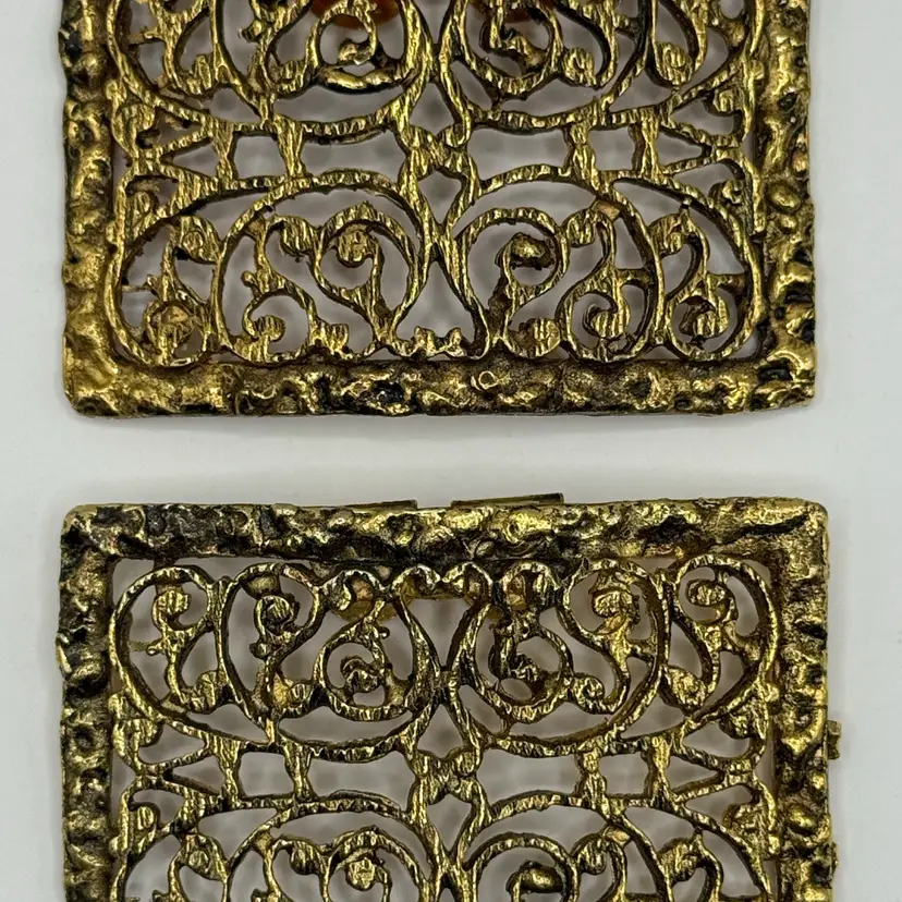 Vintage Ornate Filigree Rectangular Metal Shoe Clips SIGNED
