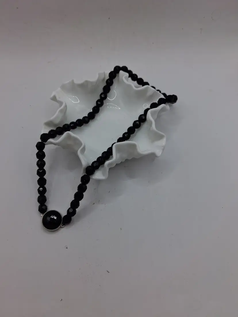 Vintage Black Faceted Bead Necklace with Decorative Box Clasp