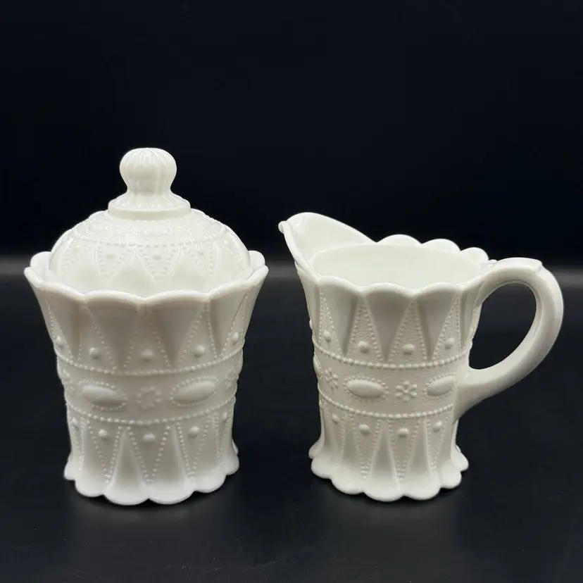 Vintage John E. Kemple Glass Works Lace and Dewdrop Milk Glass Creamer & Sugar
