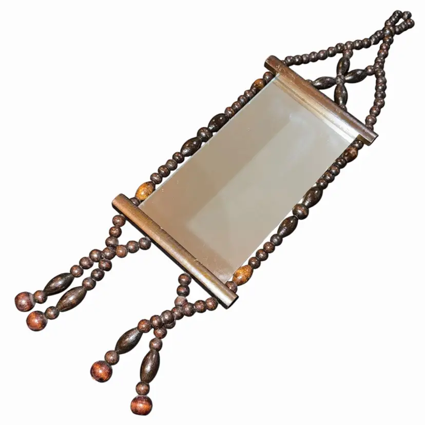 Vintage CHINESE CRAFTSMEN Beaded Mirror Taiwan Stained Wood Beads Wall Hanging