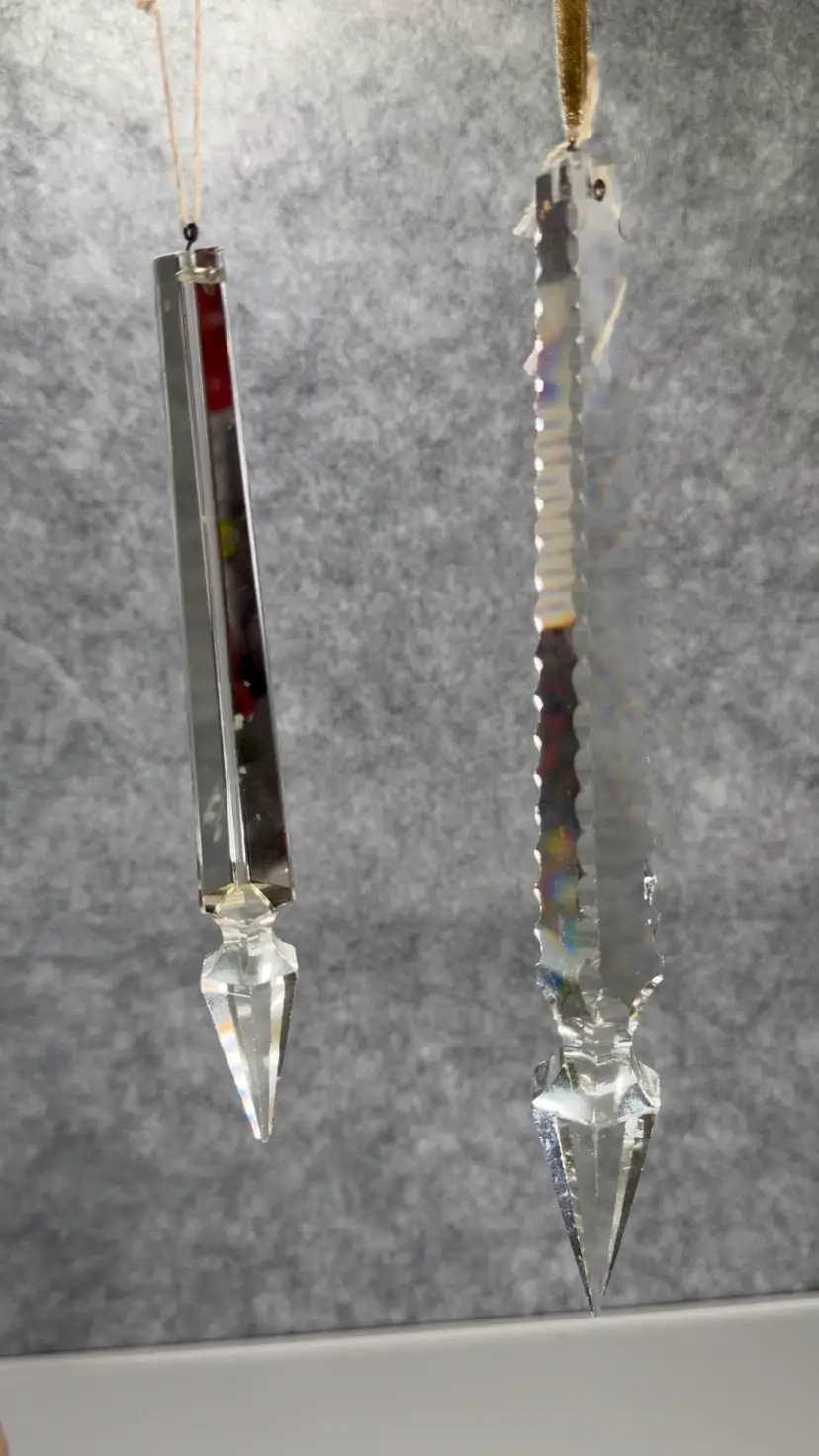 Vintage Faceted Glass Icicle Christmas Ornaments | Set of 2 Clear Prism Hanging Ornaments | Crystal Look Holiday Tree Decor