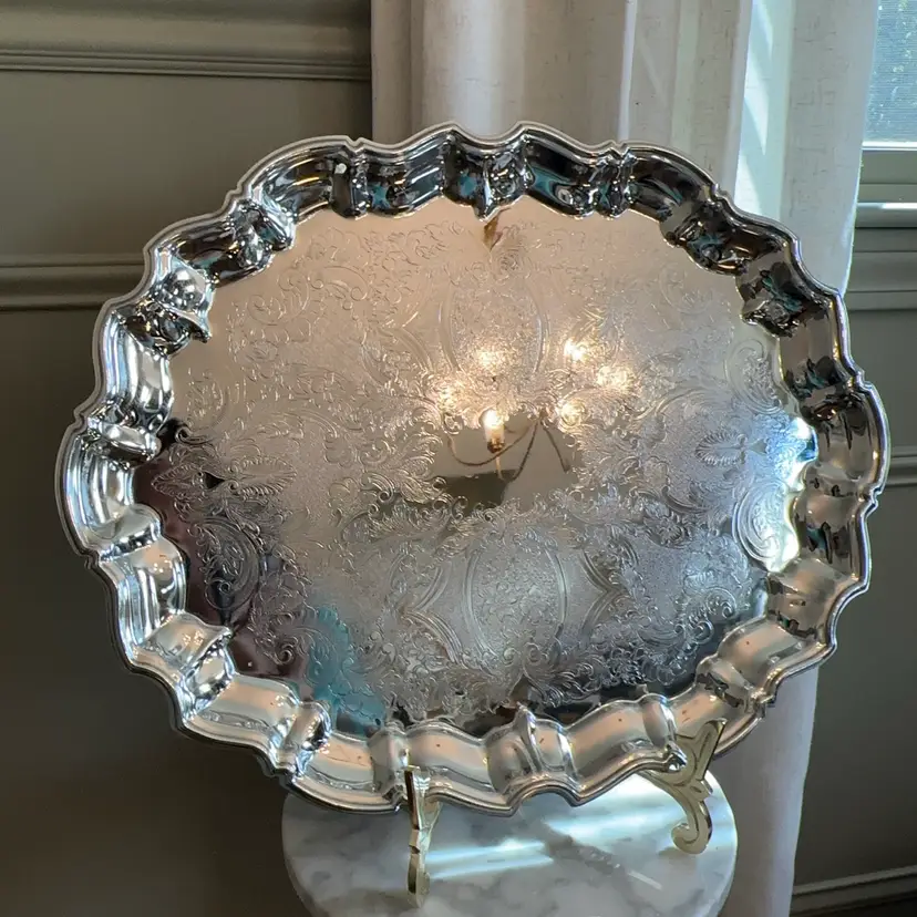 🔔 Vintage Shelton Ware Chromium Oval Serving Tray Ornate Chased Scalloped Edge Platter 18”x14”