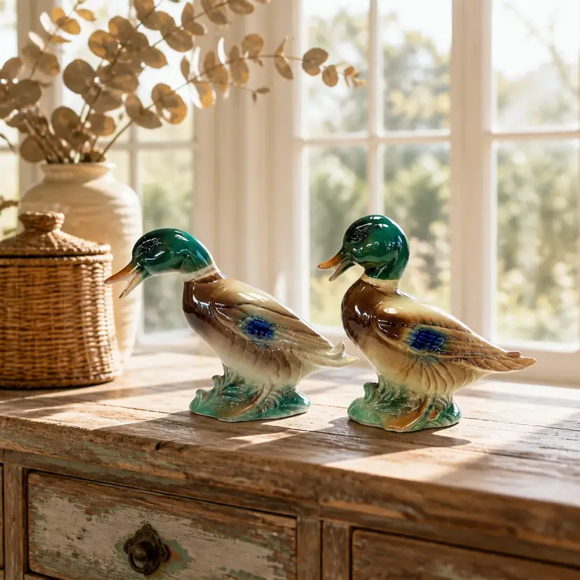 2 Vintage Ceramic Mallard Or Drake Duck Figurines, 6.25"