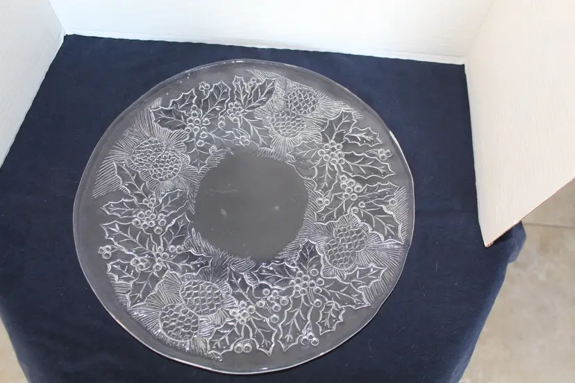 Large Glass Platter with Christmas Holly and Pinecone border