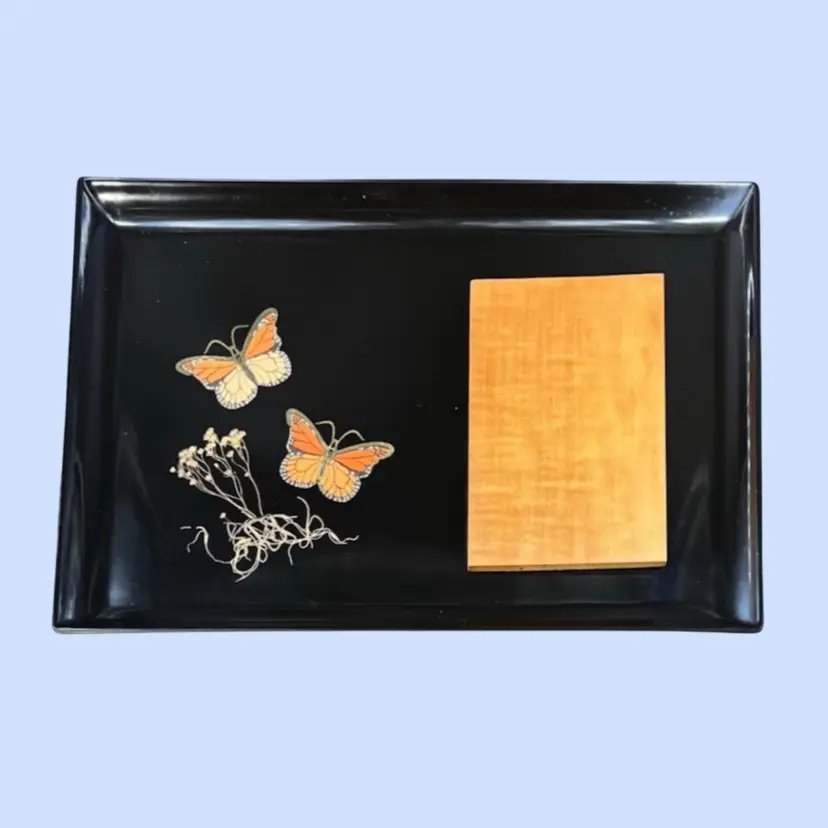 #357- Vintage Cheese Board Charcuterie Serving Tray Applied Wood Lacquered Butterflies Bug & Flowers By Curroc Monterey California USA