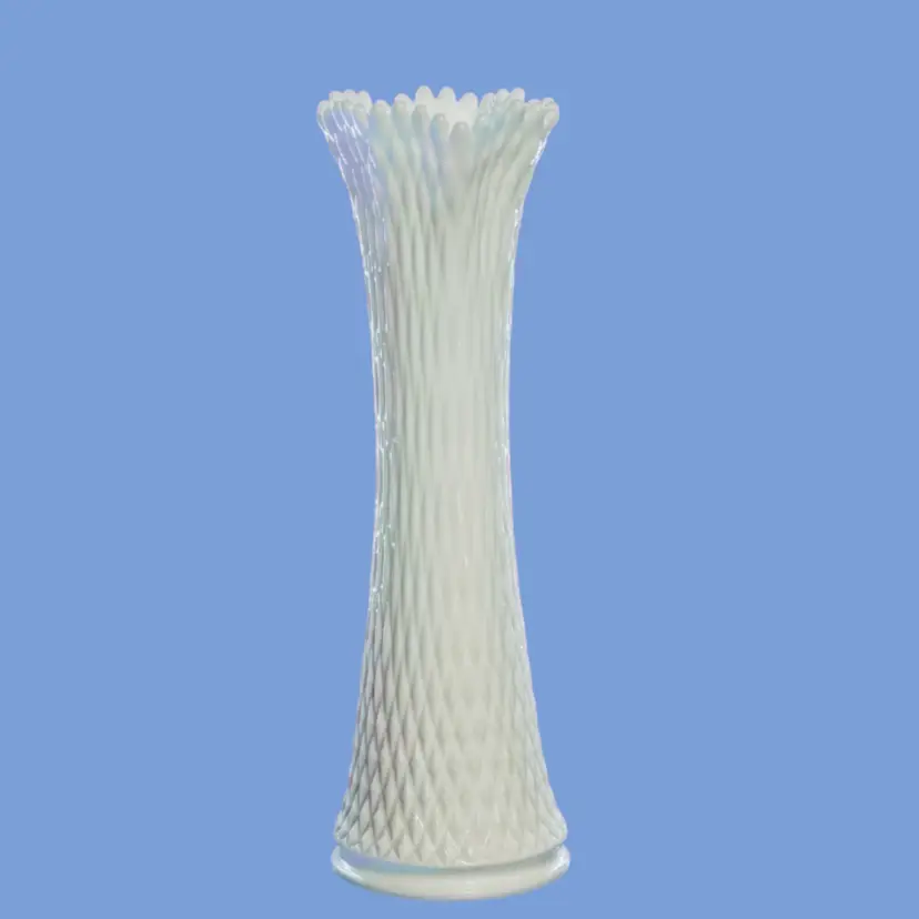#014- 14” Vintage Swung Vase Diamond Quilted Milk Glass Flared, ruffled, or "crown" shaped points Mid-Century Westmoreland Glass Co 1960s
B2