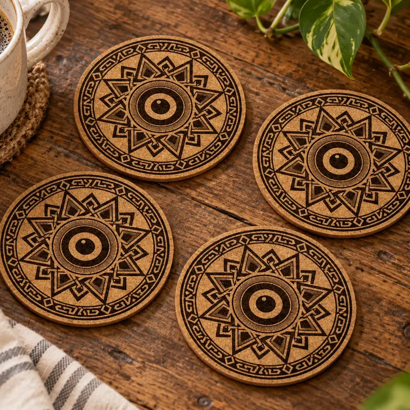 Set of 4 Laser-Engraved Cork Coasters – Intricate Geometric Mandala Design, Boho Rustic Home Décor, Unique Housewarming Gift